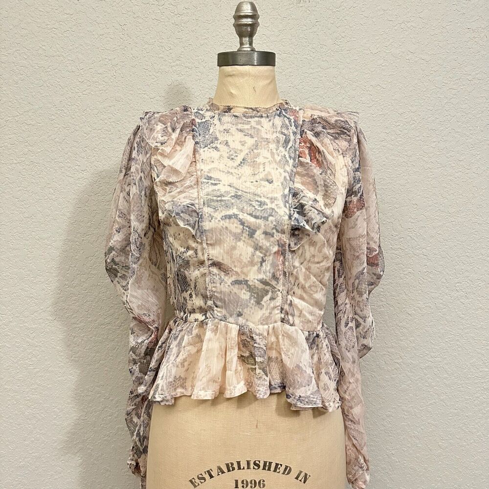 KARLIE Sheer Snakeskin Print Ruffled Blouse Batwing/Flutter Sleeve in Cream